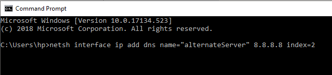 要添加备用 DNS 地址,请在 cmd 中键入以下命令