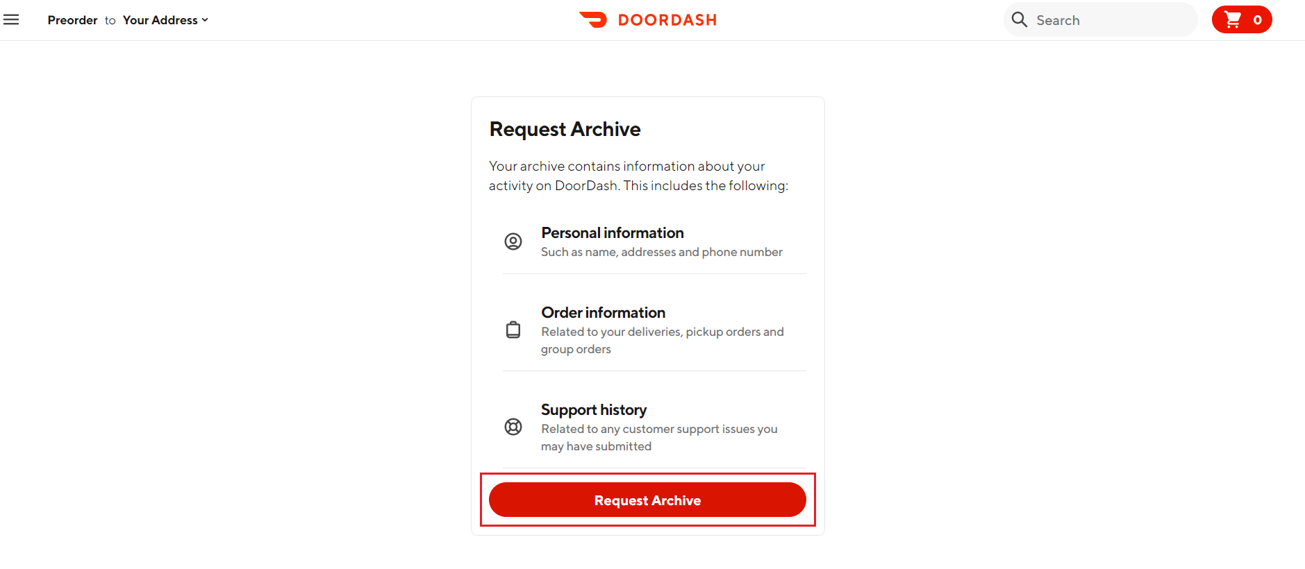 DoorDash 웹사이트에서 아카이브 요청 클릭