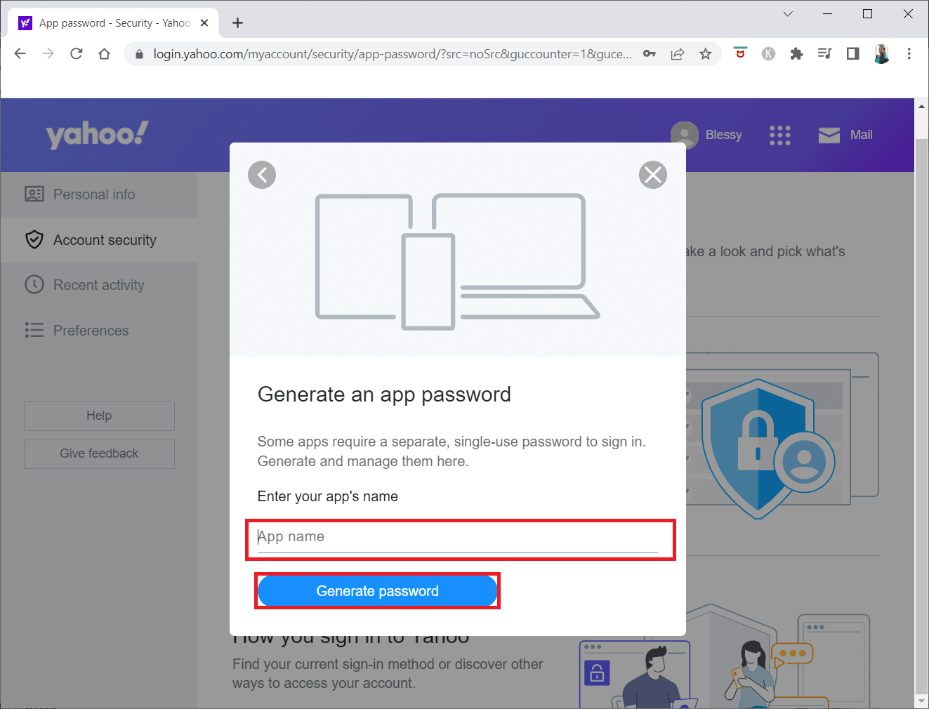 masukkan nama Aplikasi dan klik Buat kata sandi. Cara Memperbaiki Kesalahan Yahoo Mail 0x8019019a