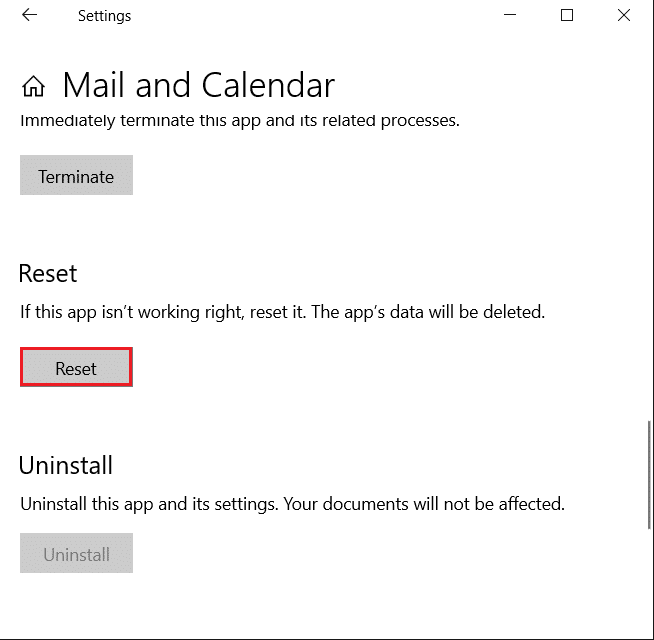 klik opsi Reset di pengaturan aplikasi Mail dan Kalender