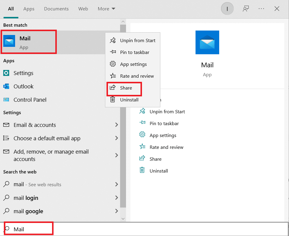 klik kanan pada Mail dan klik Bagikan dari menu