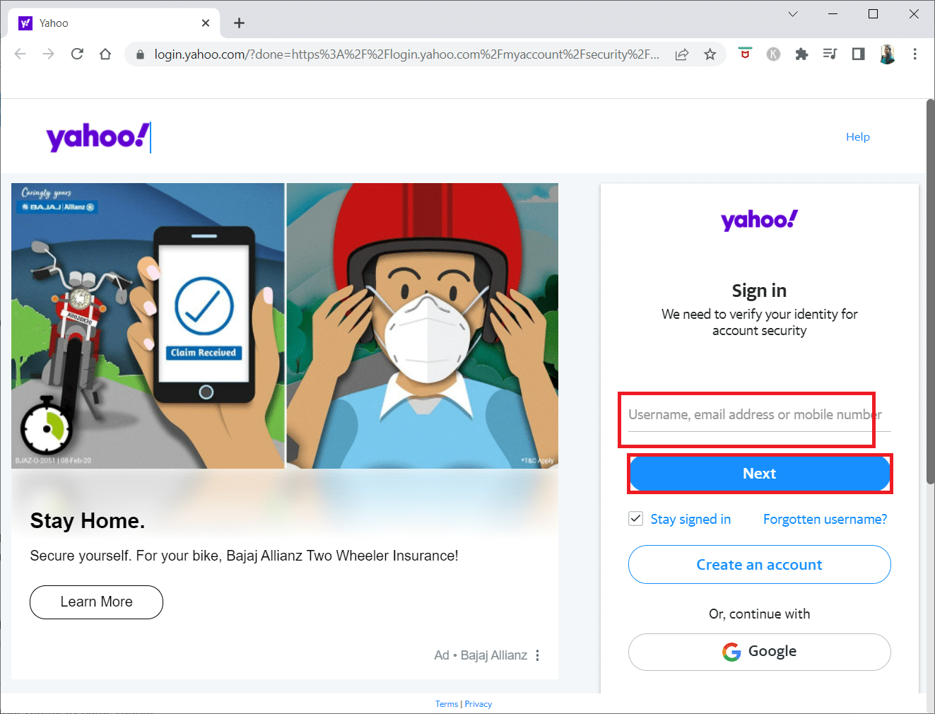 Masukkan alamat Yahoo Mail Anda dan klik Berikutnya