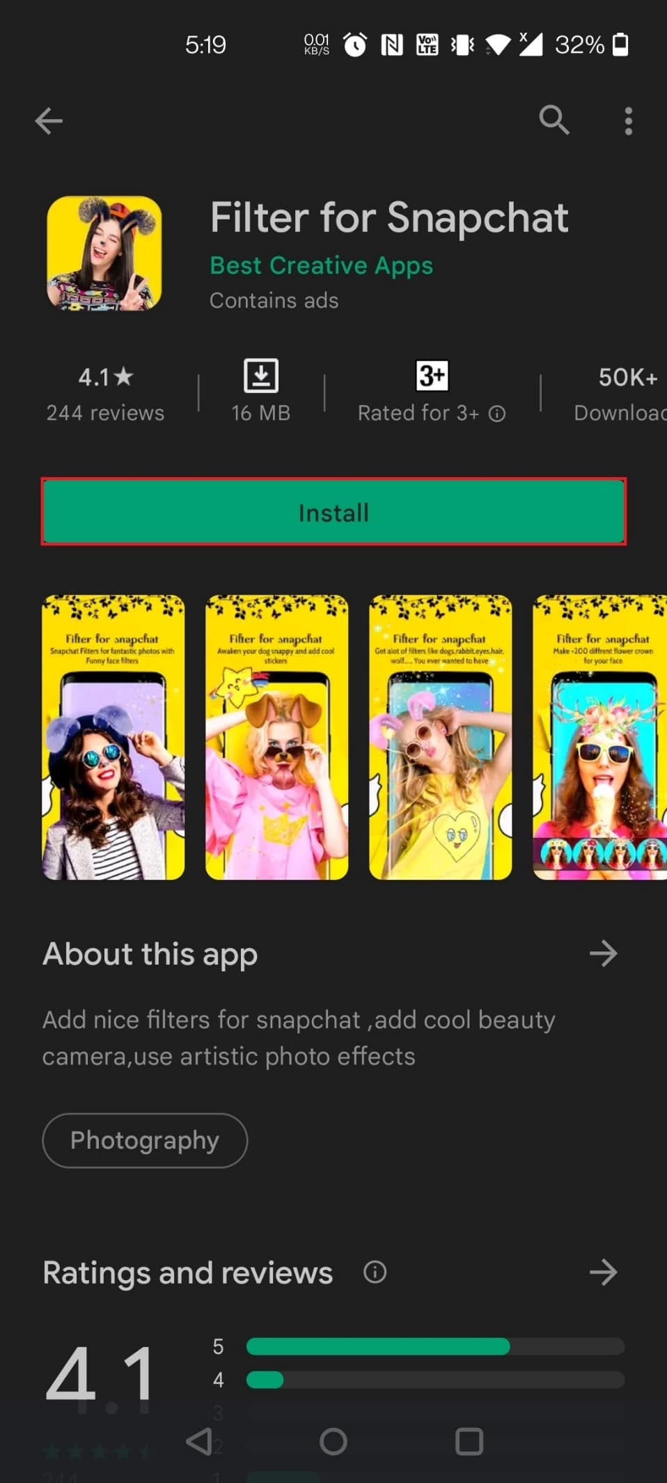 Instalați aplicația dorită. Aici se alege filtrul pentru Snapchat. Cum să puneți filtre Snapchat pe imaginile din camera foto