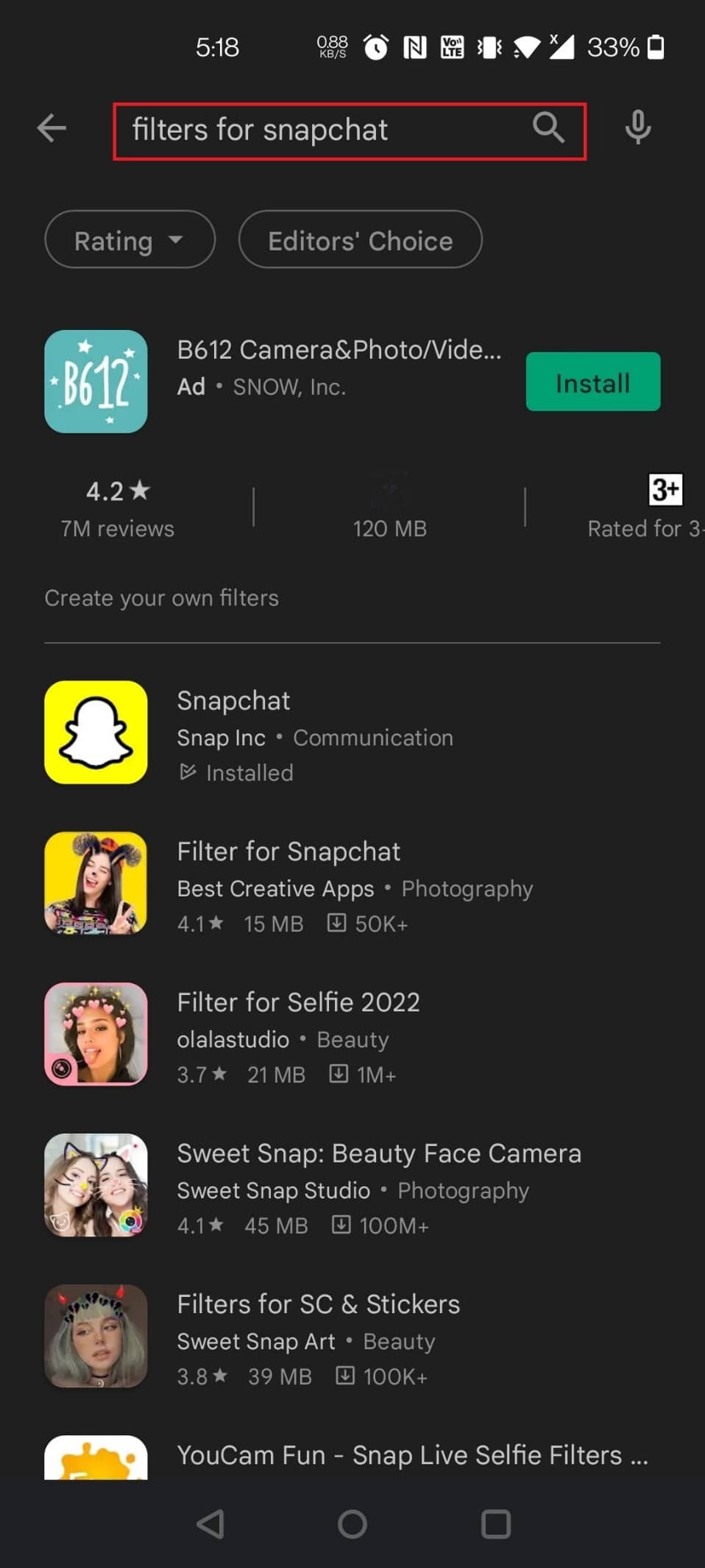 căutați filtre pentru Snapchat în caseta de căutare