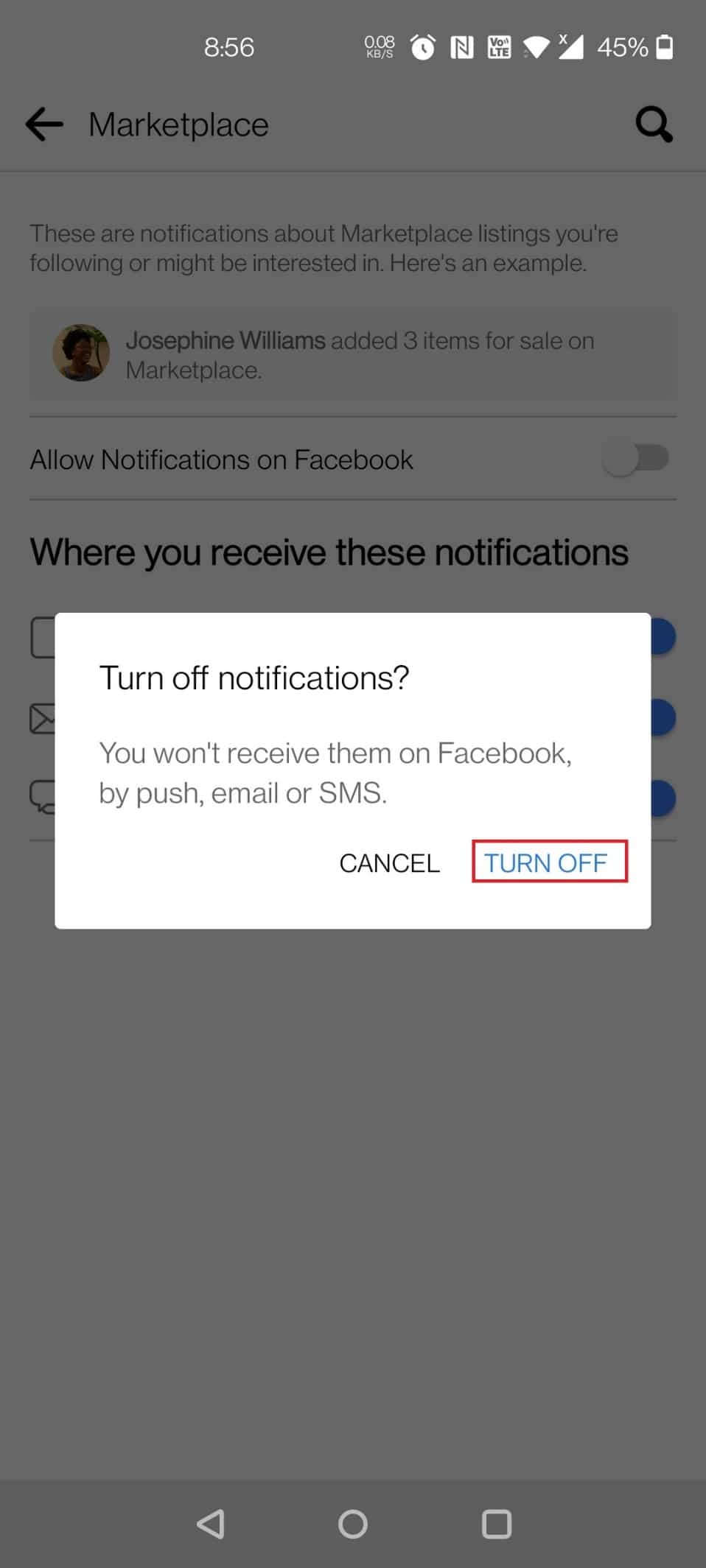 在提示中點擊關閉。如何關閉 Facebook 市場通知