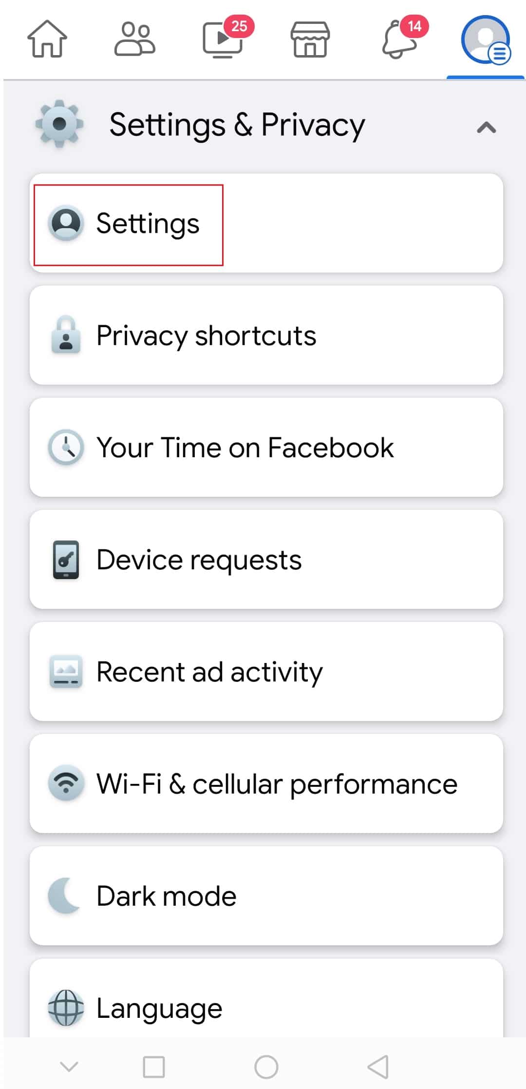 在 Facebook Android 應用程序的設置和隱私菜單中點擊設置