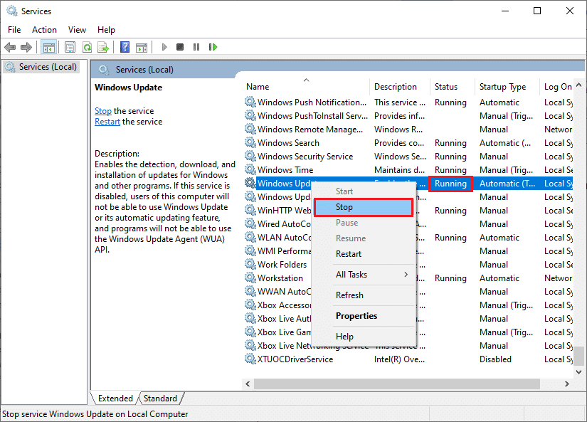 Dacă starea este Running, faceți clic pe Stop. Remedierea Nu se poate instala actualizarea cumulativă KB5008212 în Windows 10