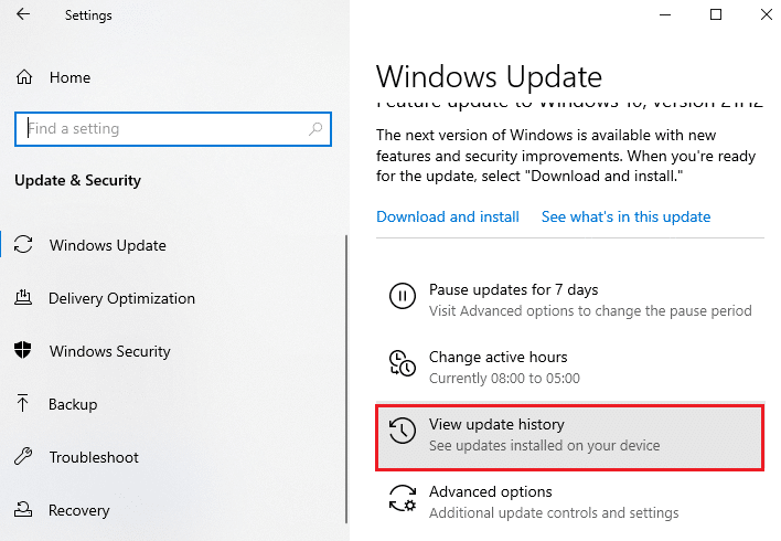 Acum, faceți clic pe opțiunea Vedeți istoricul actualizărilor. Remedierea Nu se poate instala actualizarea cumulativă KB5008212 în Windows 10