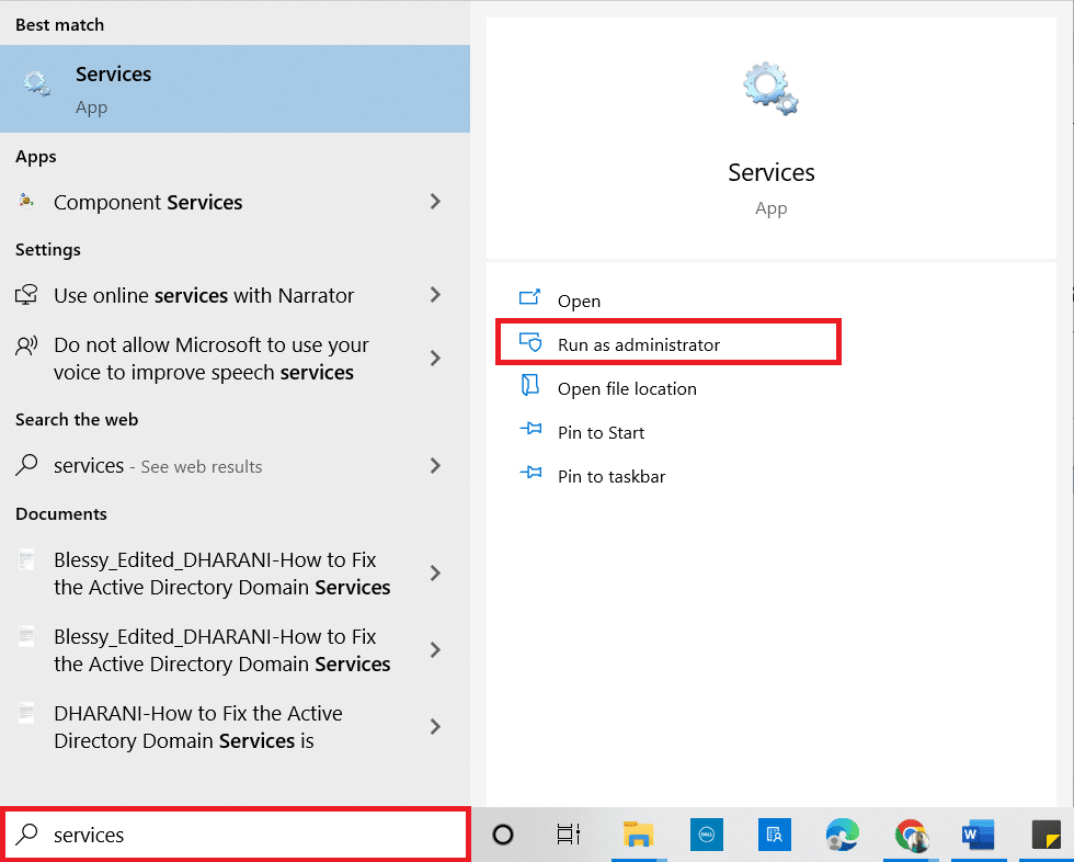 Introduceți Servicii în meniul de căutare și faceți clic pe Executare ca administrator. Remedierea Nu se poate instala actualizarea cumulativă KB5008212 în Windows 10