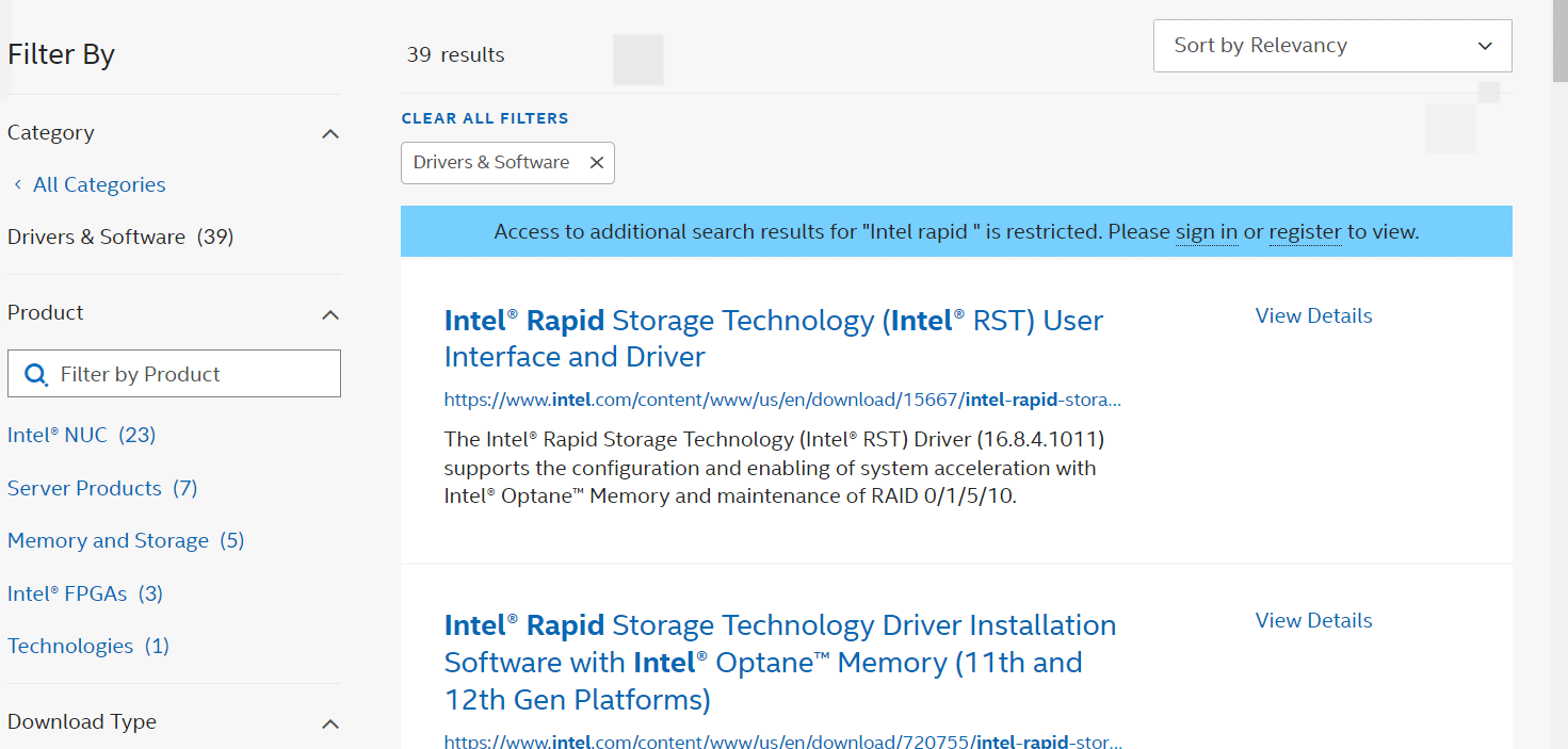 Vaya al sitio web de descarga de controladores RST y descargue los controladores correctos y más recientes. Cómo arreglar el servicio Intel RST no se ejecuta en Windows 10