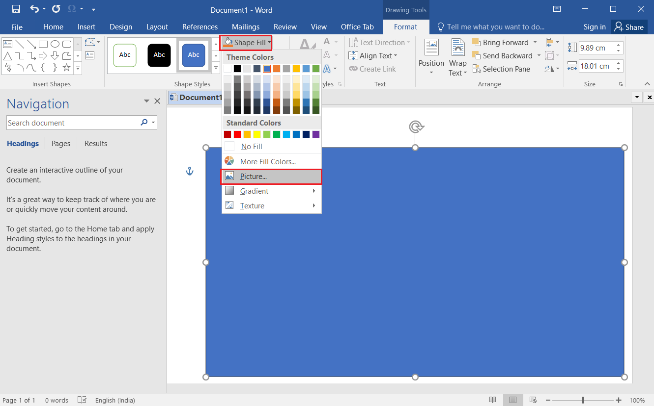 sélectionnez l'option Image dans le menu déroulant Remplissage de forme sur MS Word