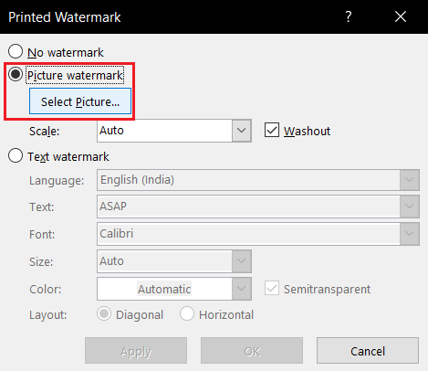 sélectionnez Filigrane d'image dans MS Word