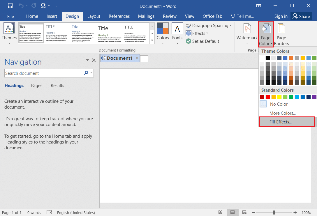 sélectionnez l'option Effets de remplissage dans le menu déroulant Couleur de la page sur MS Word