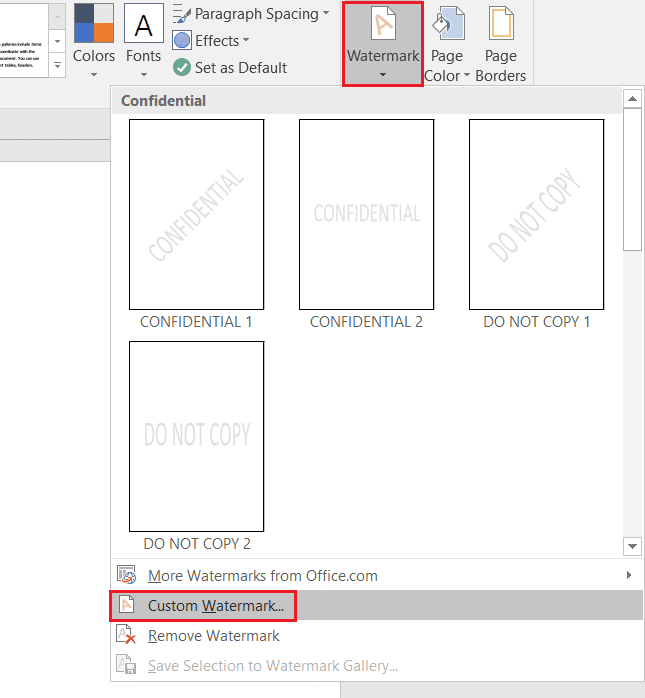 sélectionnez Filigrane personnalisé dans le menu déroulant Filigrane MS Word