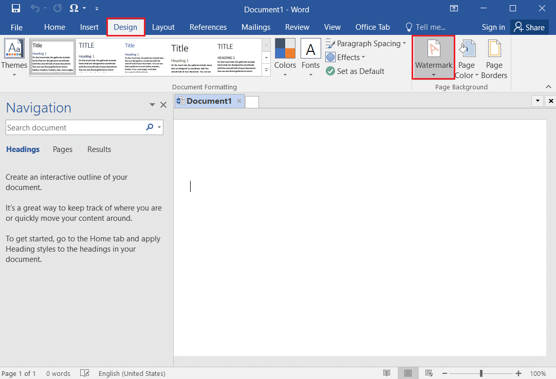 sélectionnez l'option Filigrane dans l'onglet Conception sur MS Word