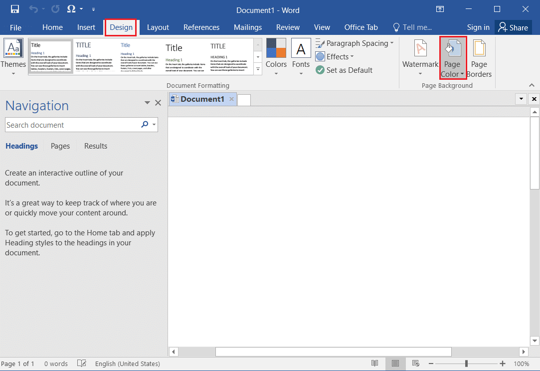 allez dans l'onglet conception et sélectionnez l'option Couleur de la page dans MS Word