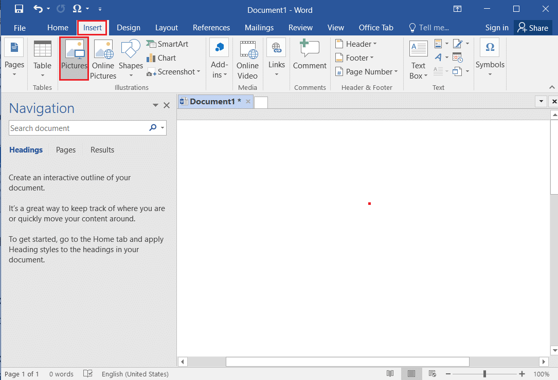 cliquez sur l'onglet Insérer et sélectionnez l'option Images dans MS Word
