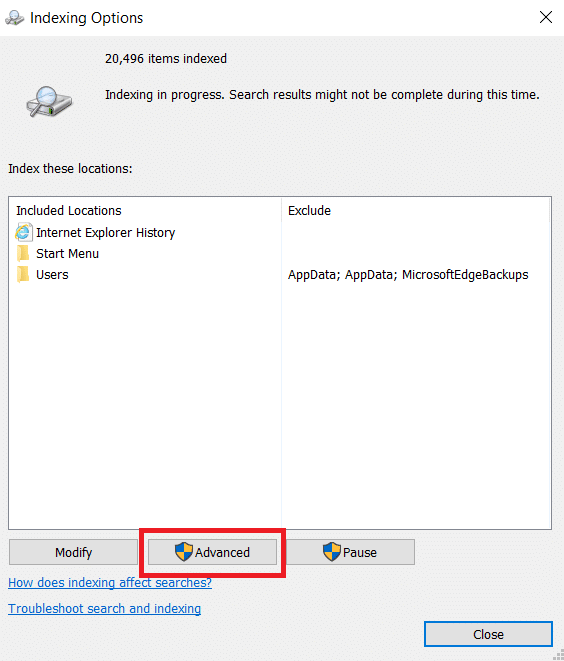 Bouton avancé. Correction de l'erreur de l'Explorateur de fichiers Windows 10 en cours d'exécution