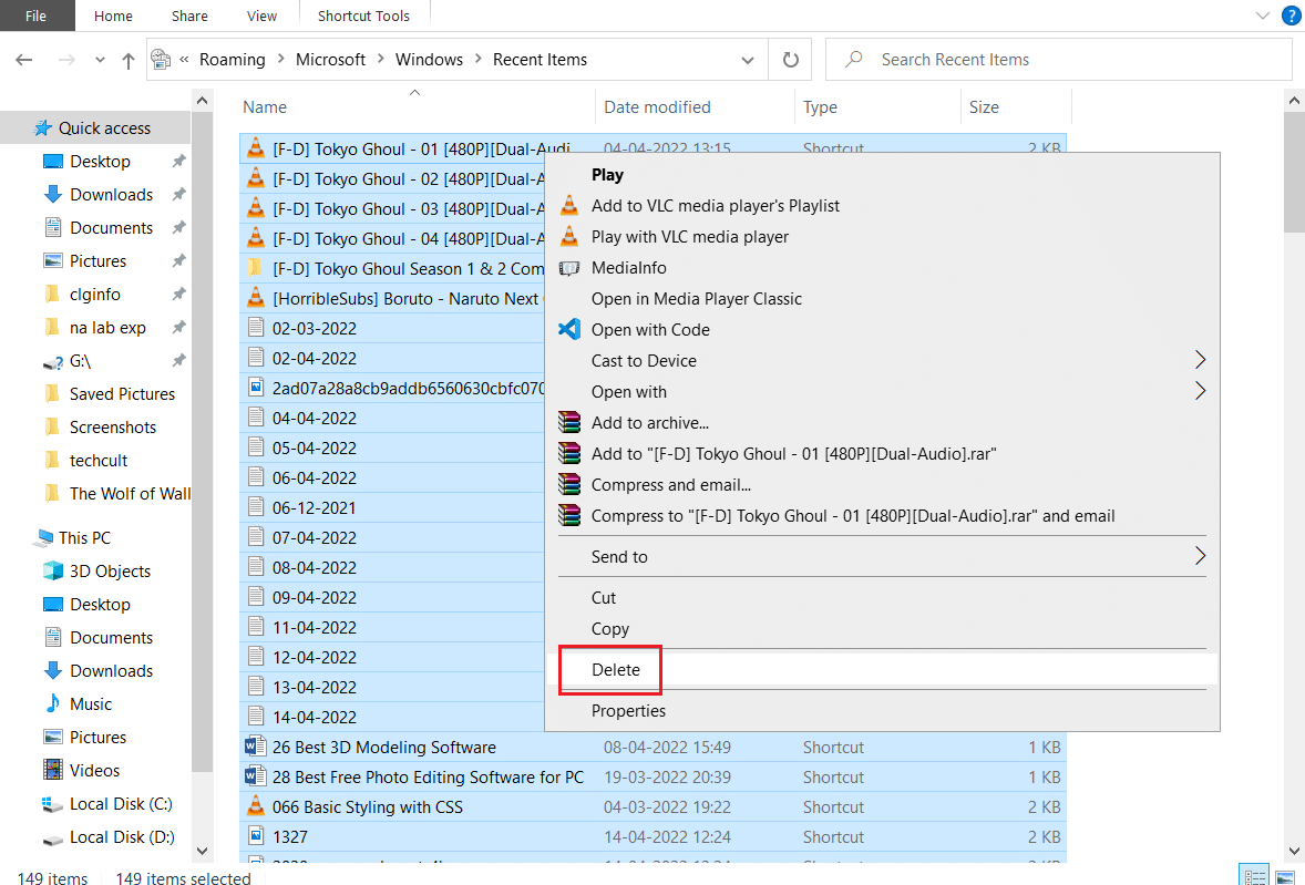 supprimer les fichiers des éléments récents. Correction de l'erreur de l'Explorateur de fichiers Windows 10 en cours d'exécution