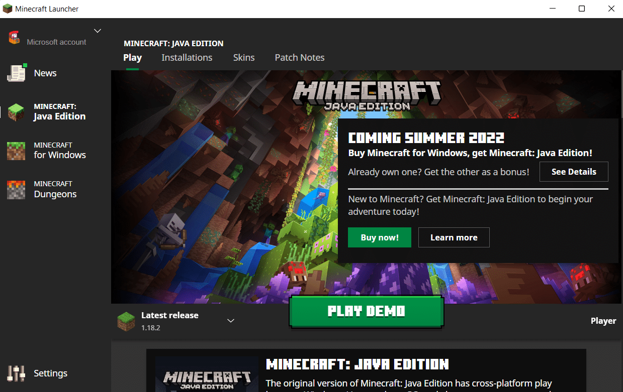 Teraz możesz zagrać w wersję demonstracyjną MINECRAFT: Java Edition lub bezpłatną wersję próbną MINECRAFT dla systemu Windows
