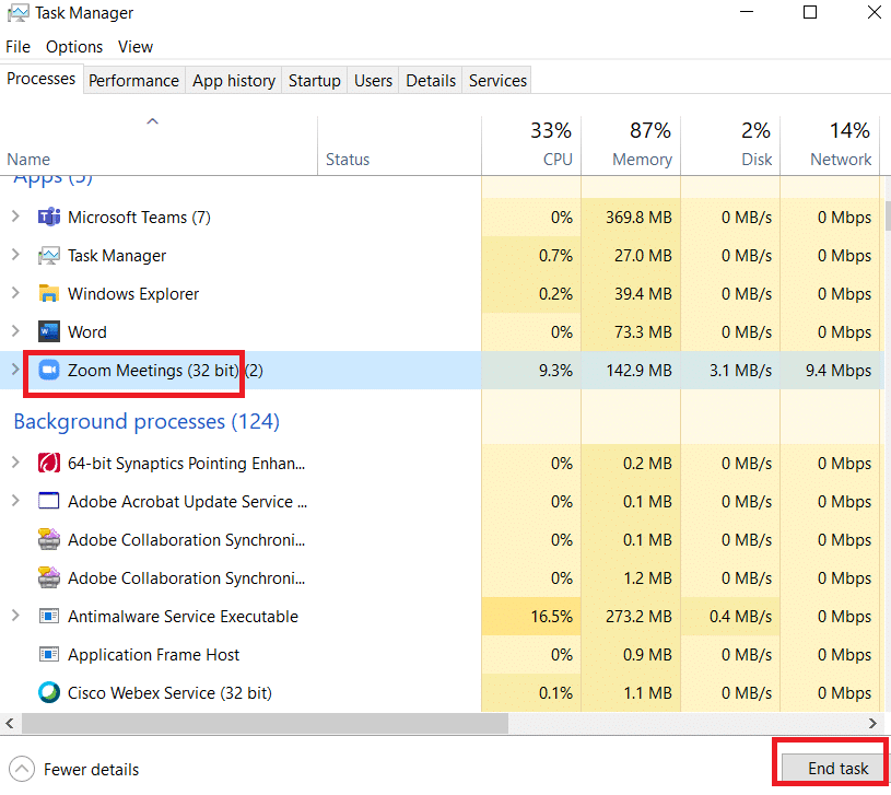 选择缩放并结束任务。修复罗技扬声器无法在 Windows 10 上运行的问题