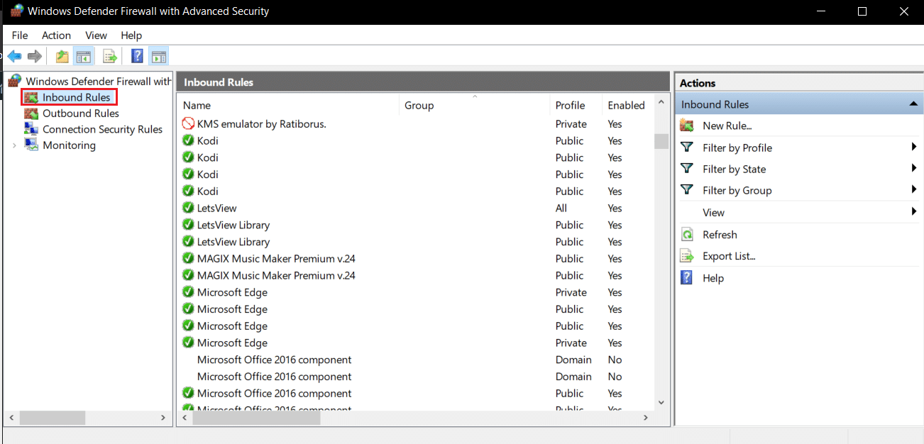 คลิกที่กฎขาเข้าในไฟร์วอลล์ Windows Defender พร้อมการตั้งค่าขั้นสูง แก้ไขการเชื่อมต่อ Minecraft หมดเวลาไม่มีข้อผิดพลาดข้อมูลเพิ่มเติม