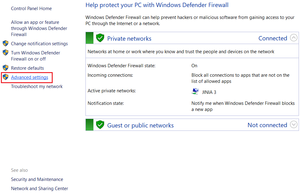 คลิกที่การตั้งค่าขั้นสูงในไฟร์วอลล์ Windows Defender