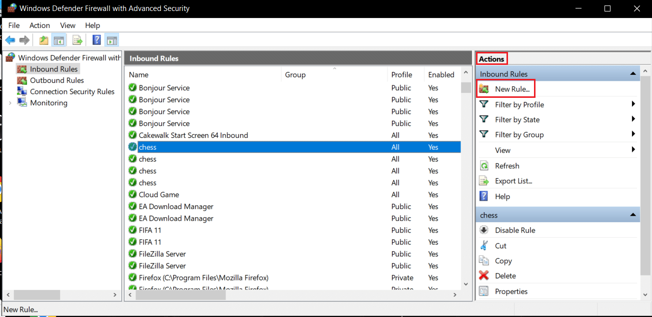 ในเมนูการดำเนินการ ให้คลิกที่ New Rule ใน Windows Defender Firewall พร้อมการตั้งค่าขั้นสูง แก้ไขการเชื่อมต่อ Minecraft หมดเวลาไม่มีข้อผิดพลาดข้อมูลเพิ่มเติม