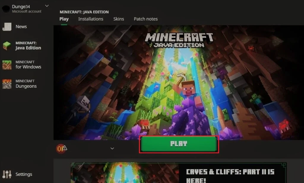 คลิกที่ปุ่มเล่นใน Minecraft Launcher