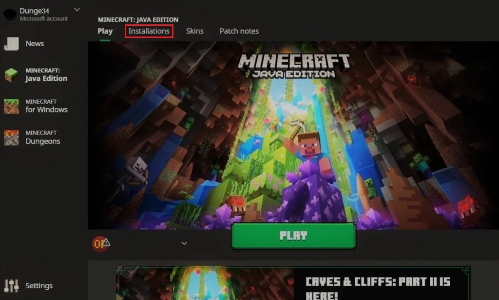 คลิกที่แท็บการติดตั้งใน Minecraft Launcher แก้ไขการเชื่อมต่อ Minecraft หมดเวลาไม่มีข้อผิดพลาดข้อมูลเพิ่มเติม