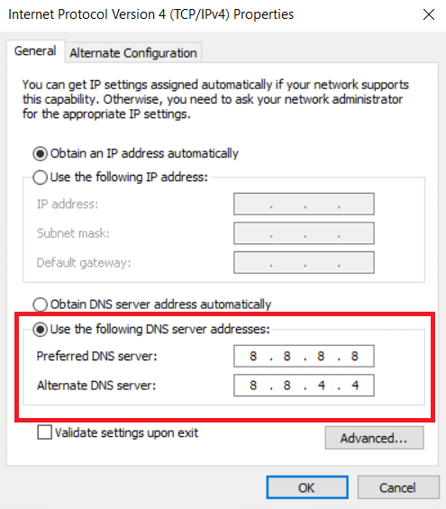 ใช้ตัวเลือกที่อยู่เซิร์ฟเวอร์ DNS ต่อไปนี้