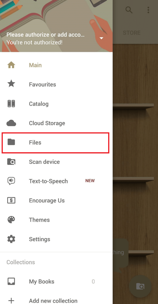 แตะตัวเลือกไฟล์จากบานหน้าต่างที่เปิดอยู่ วิธีเปิดไฟล์ MOBI บน Android