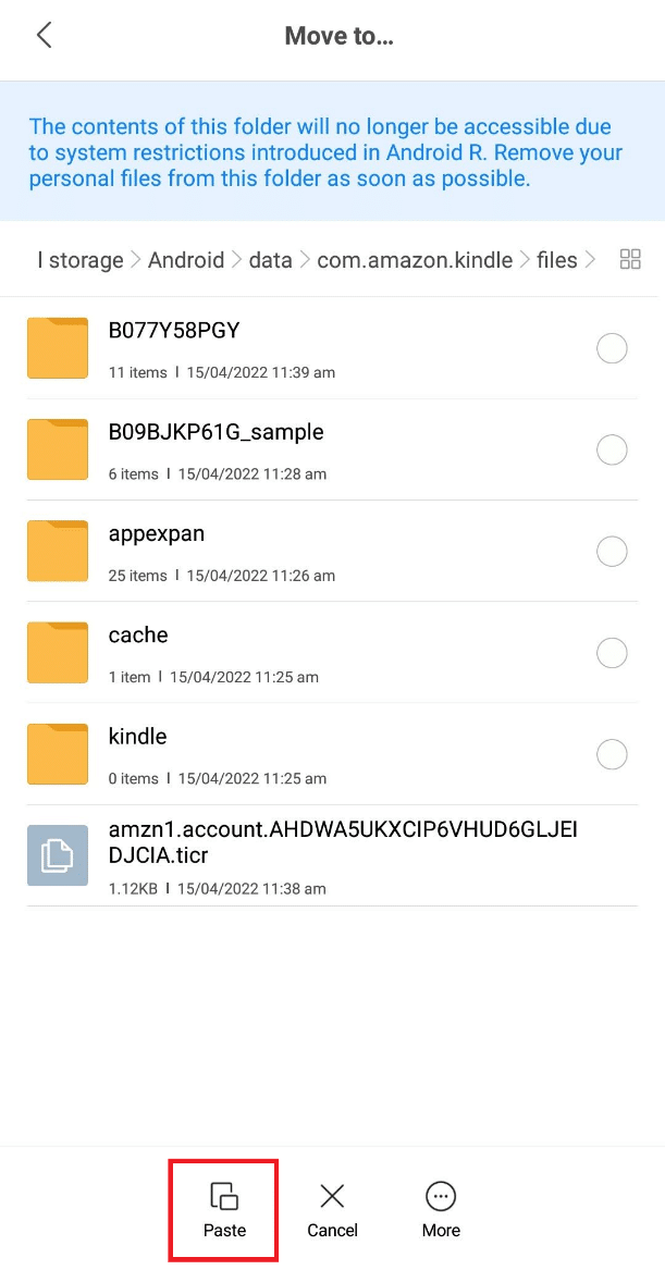 แตะที่ตัวเลือก Paste เพื่อวางไฟล์ MOBI ที่เลือกไว้ในโฟลเดอร์นี้ วิธีเปิดไฟล์ MOBI บน Android