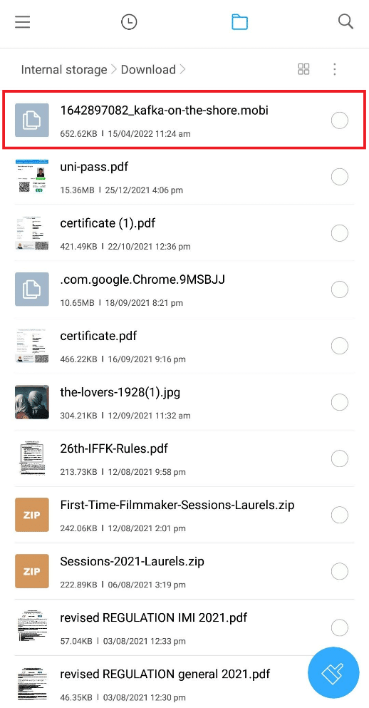 เลือกไฟล์ MOBI ที่ดาวน์โหลดมาในโฟลเดอร์
