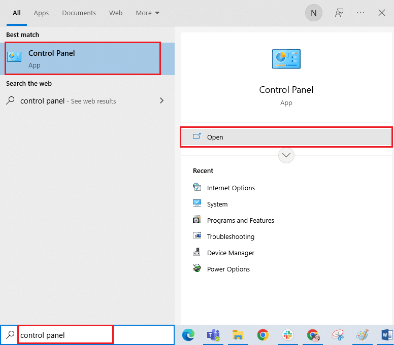 اضغط على مفتاح Windows واكتب لوحة التحكم. الآن ، انقر فوق فتح