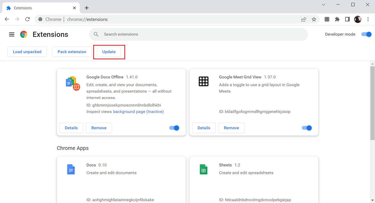 Нажмите кнопку «Обновить». Исправление плагинов Chrome, не работающих в Windows 10