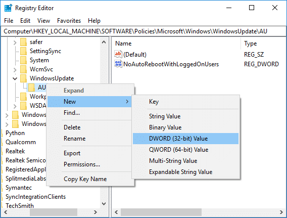 คลิกขวาที่คีย์ AU และเลือก New จากนั้นเลือก DWORD (32-bit) Value