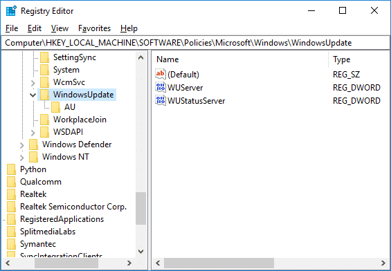นำทางไปยังคีย์รีจิสทรี WindowsUpdate