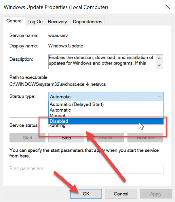 จากดรอปดาวน์ประเภทการเริ่มต้นของ Windows Update ให้เลือก Disabled