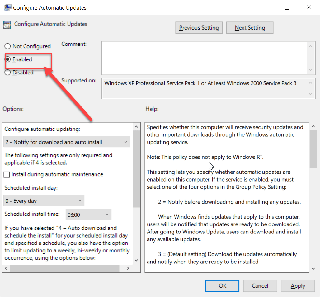 เปิดใช้งานเครื่องหมายถูกเพื่อเปิดใช้งานนโยบาย Configure Automatic Updates