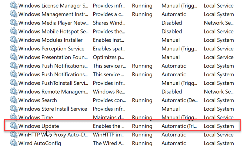 ค้นหา Windows Update ในหน้าต่างบริการ