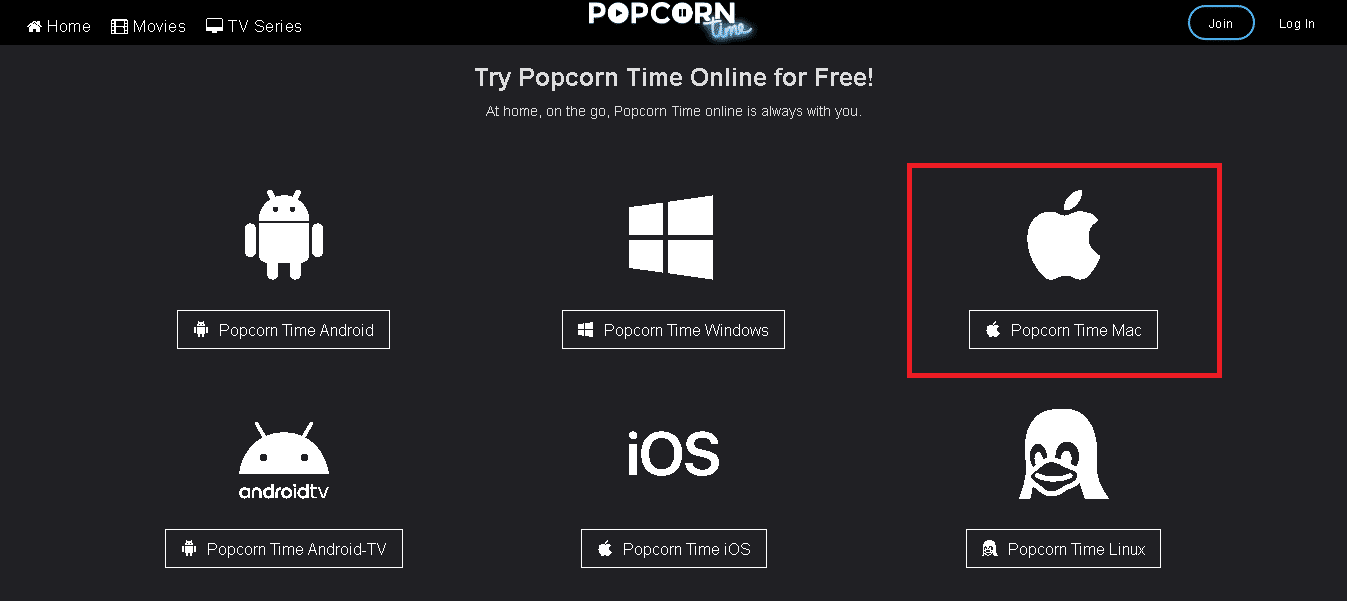 Haga clic en el botón Popcorn Time Mac