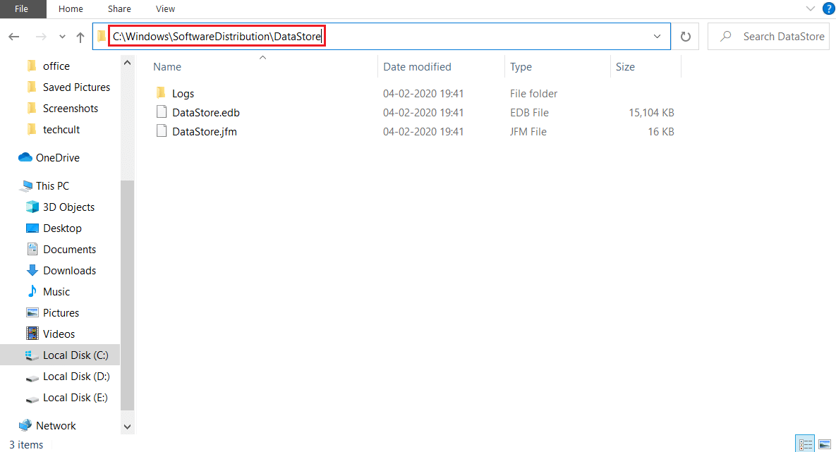 转到软件分发数据存储文件夹位置。修复 Windows 10 中的错误代码 0x80070490