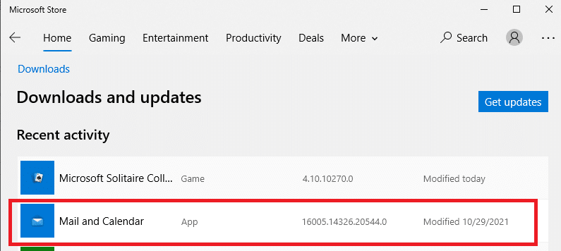 现在，单击列表中的邮件和日历并检查更新。修复 Windows 10 中的错误代码 0x80070490