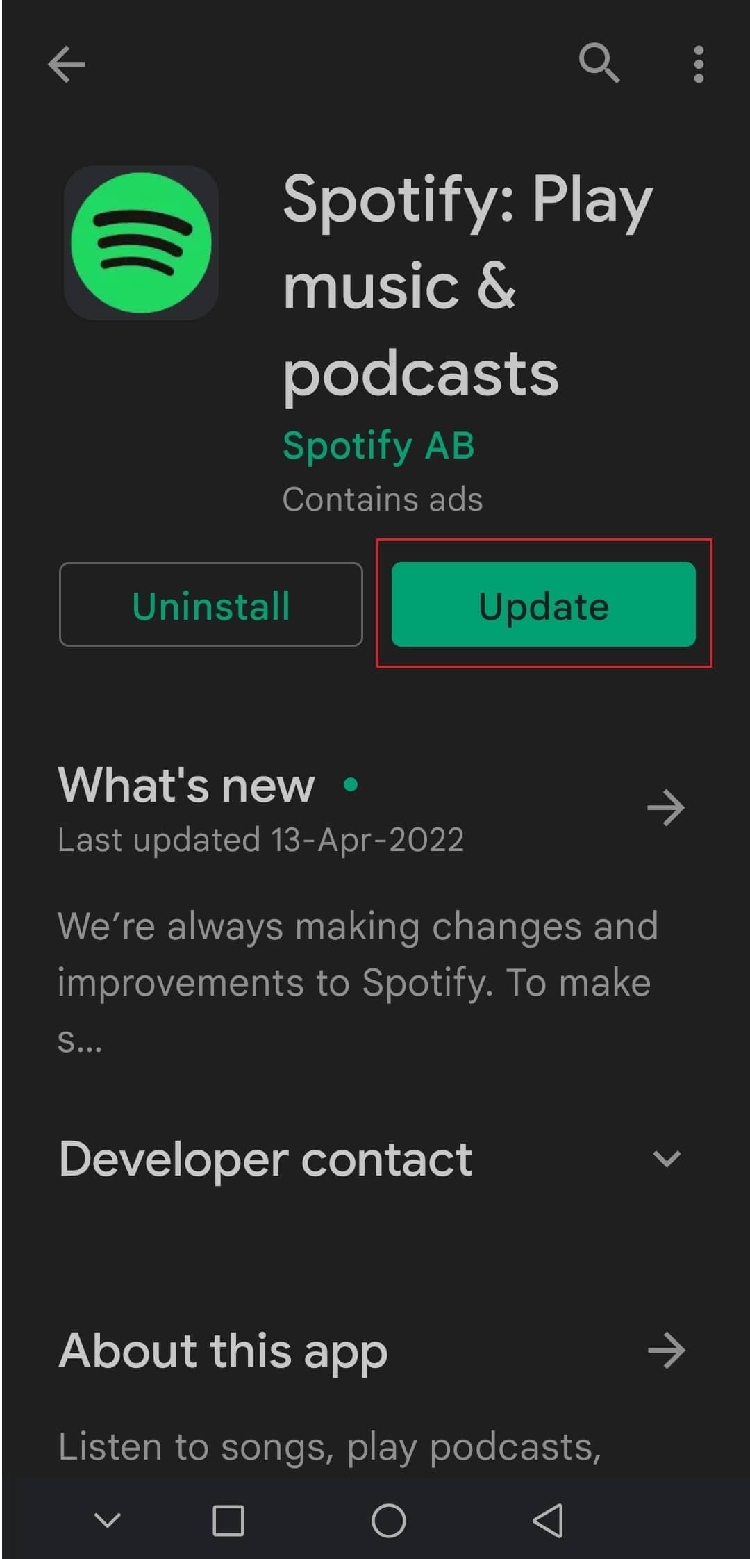 Android'de Spotify Google Play Store'da Güncelle seçeneğine dokunun