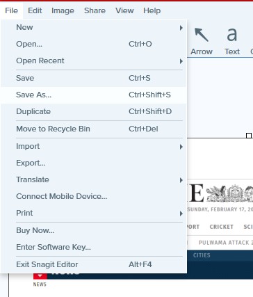 Dal menu file Snagit fare clic su Salva con nome