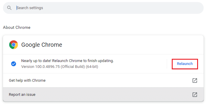 Quindi, controlla se Google Chrome è aggiornato all'ultima versione. In caso contrario, fare clic sul pulsante Aggiorna per aggiornare il browser