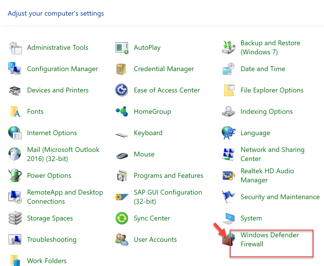 คลิกที่ตัวเลือก “ไฟร์วอลล์ Windows Defender” ใต้แผงควบคุม