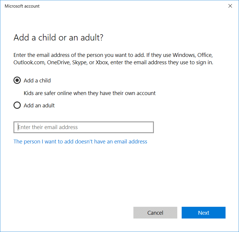 เพิ่มเด็กหรือผู้ใหญ่ในบัญชีพีซี Windows 10 ของคุณ