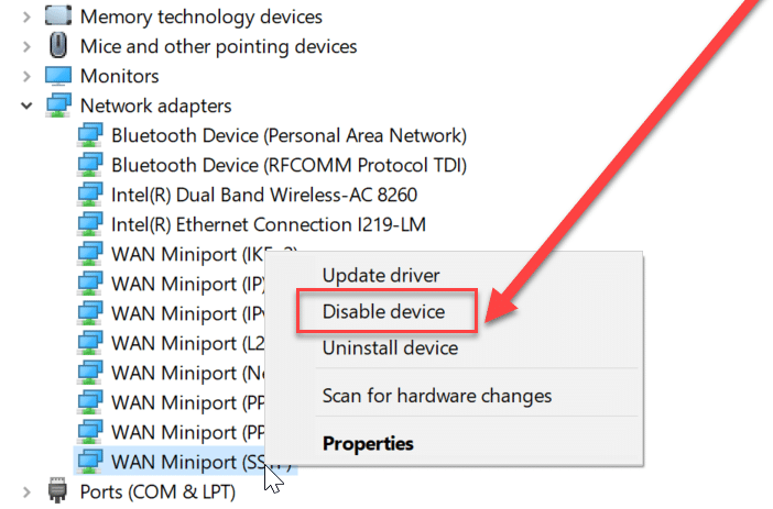 เลือกอุปกรณ์ใดก็ได้ภายใต้ Network Adapter จากนั้นคลิกขวาและเลือก Disable
